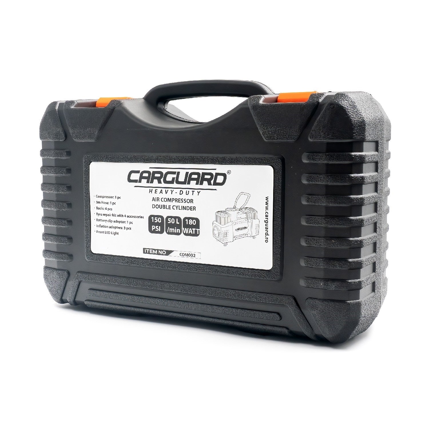 Compresor auto Carguard Heavy-Duty dublu cilindru – 50 L/min – 150 PSI – LED + kit reparatie anvelope