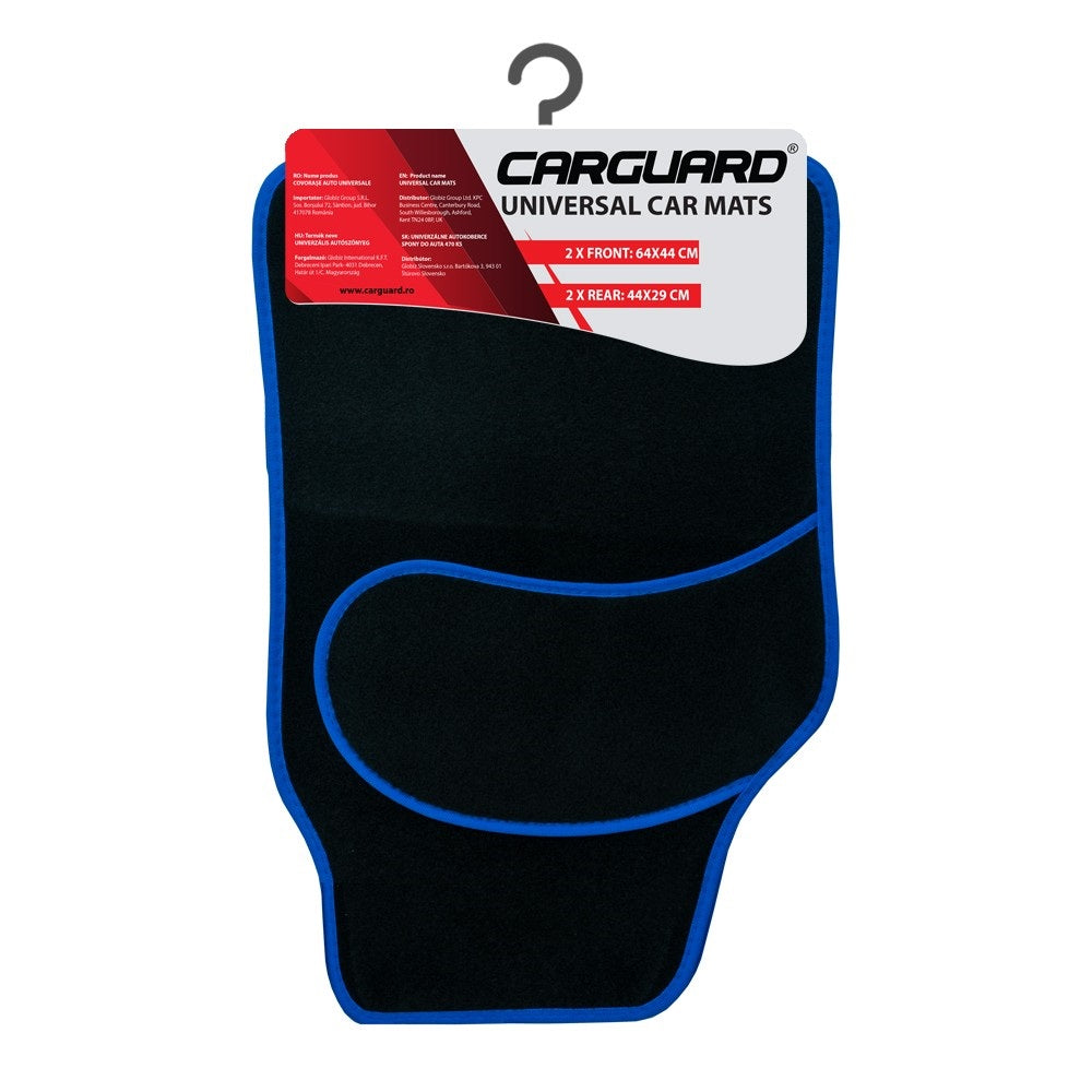 Set Covorașe Auto Textile Universale Carguard PAT001, 4 Piese, Negru cu Margine Albastră, Protecție Antiderapantă Mochetă
