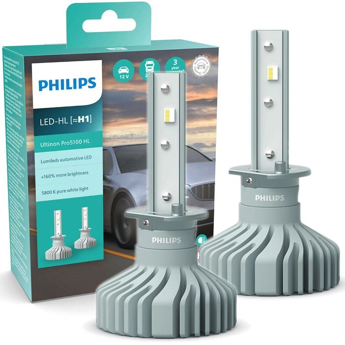 Set 2 Becuri LED H1 Philips Ultinon Pro5100 HL - 5800K, +160% Lumină, 12V/24V